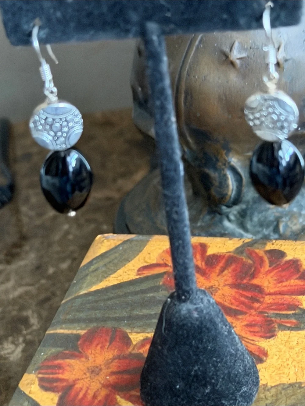 Sterling Silver Black onyx Drop pierced Earrings